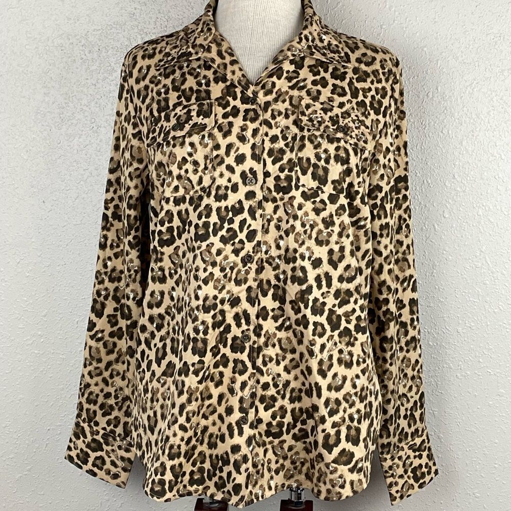 EUC Gloria Vanderbilt Casuals Women’s Leopard Print Button Down Top Size M